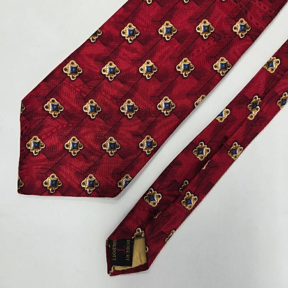 ROBERT TALBOTT BEST OF CLASS SILK TIE RED GOLD GEOMETRIC JACQUARD 4" X 58"